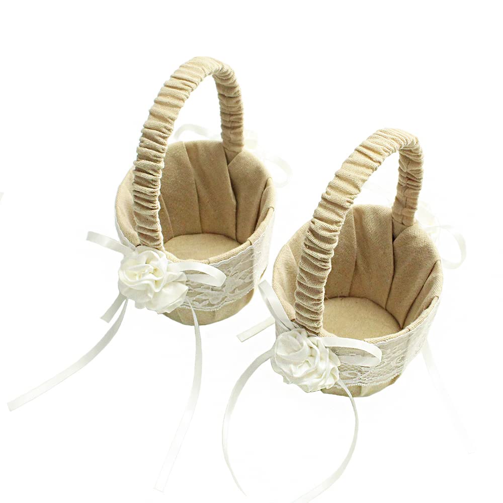 Frlal 2Pcs Three Ivroy Flowers Wedding Flower Baskets Linen Party Favor