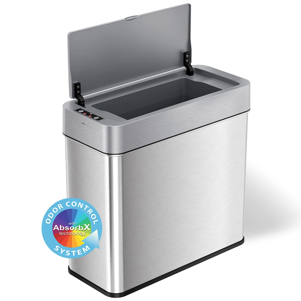 Itouchless 4 Gallon Sensor Trash Can With Absorbx Odor Control System, Lid Opens Left, 15 Liter Slim Stainless Steel Automatic W
