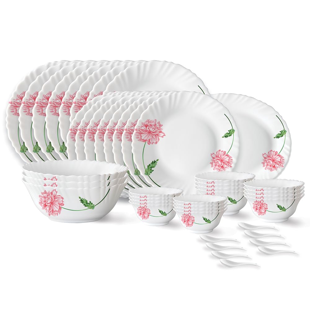 Larah By Borosil Red Mist Fluted Series Opalware Dinner Set | 44 Pieces For Family Of 8 | Microwave & Dishwasher Safe | BoneAsh