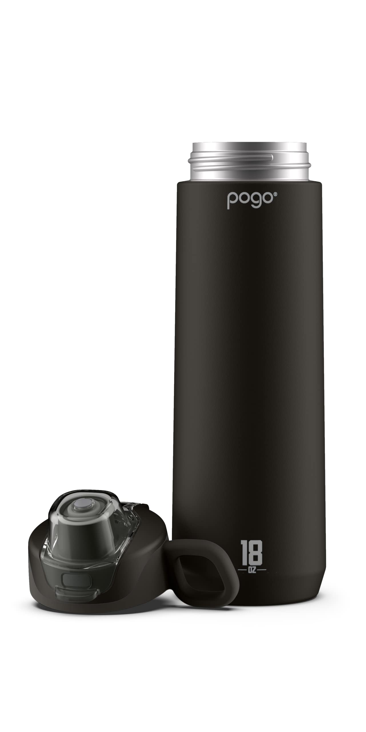 Pogo Active Vacuum Insulated Stainless Steel Water Bottle With Leak Proof Chug Lid And Silicone Carry Loop, Powdercoat, Black, 1