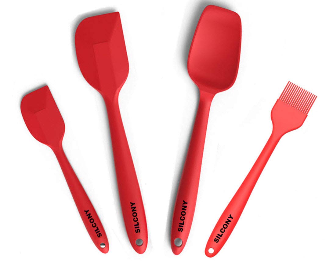 Silcony Set Of 4 Pure Silicone Spatulas Spoon Pastry Basting Brush Heat Resistant (11''-8.4'') (4, Spatula Set - Red)