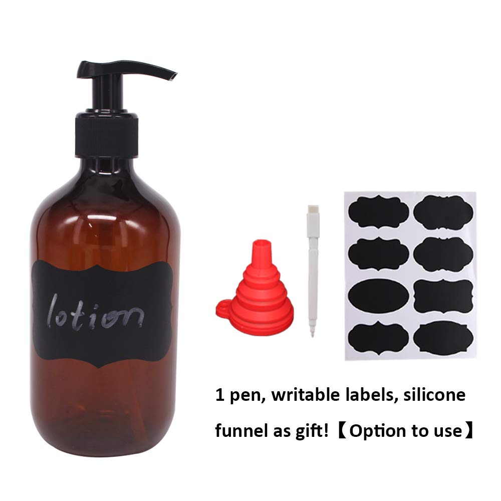4 Pack 16 Oz Empty Plastic Pump Lotion Bottles With 1 Pen, Labels & Silicone Funnel, Amber Color Lotion Dispenser With Locking P