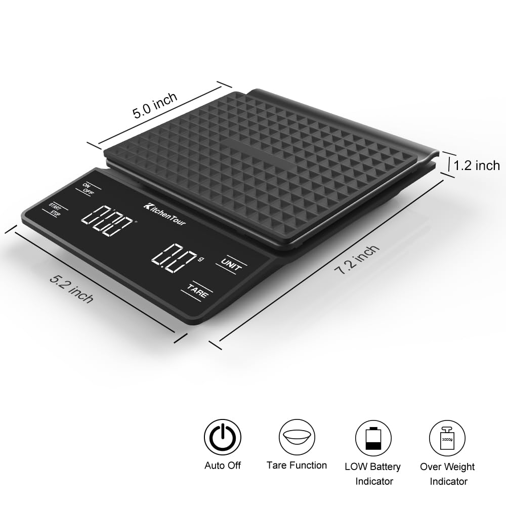 Kitchentour Coffee Scale With Timer 3Kg/0.1G High Precision Pour Over Drip Espresso Scale With Back-Lit Lcd Display (Batteries I