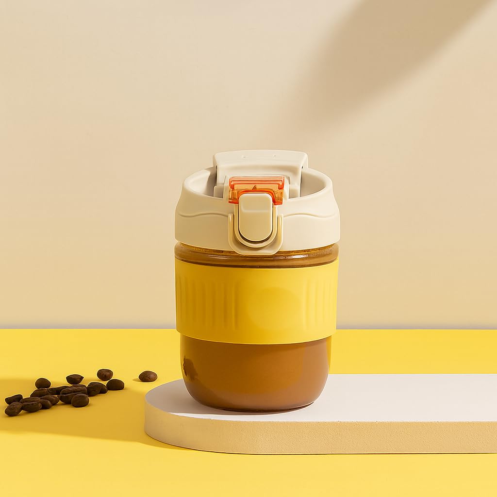 YELONA 350ML Dual Drink Borosilicate Glass Reusable Travel Coffee and Tea Cup Mug Tumbler Leak Proof with Sipper Straw Lock Lid 