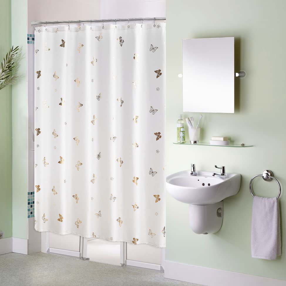 Jubilantex White Gold Butterfly Floral Shower Curtain for Bathroom Decor Luxury Washable Waterproof Fabric for Bathtub Hotel Spa 70x72 Inches