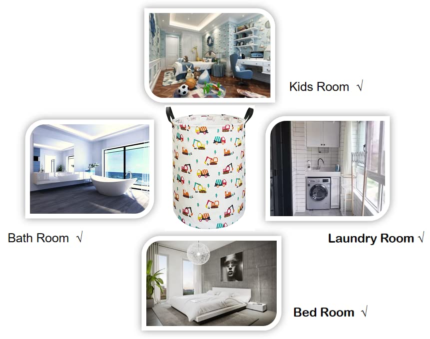 VAIVUSTO Round Laundry Basket  Waterproof Canvas Large Clothes Basket Laundry Hamper with Handles Cute Cartoon Kids Nursery Hamper for Kids Room Toy Storage(Engineering vehicle)
