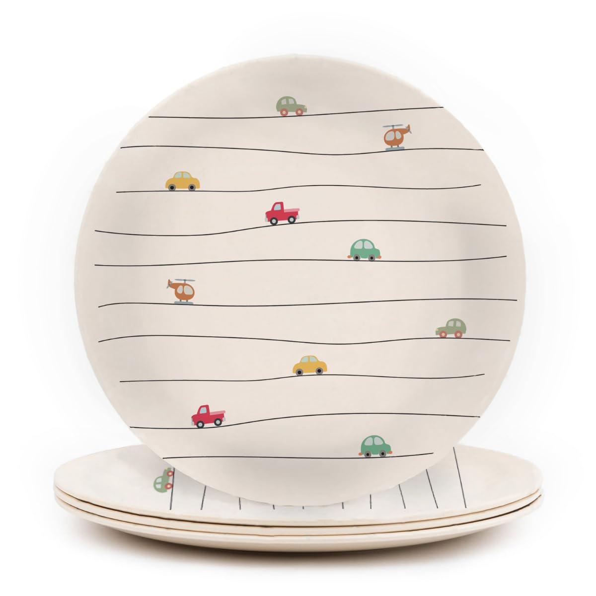 Nook Theory 4 Pack Reusable Bamboo Plates - Non-Toxic Plate, Dishwasher Safe, Not Microwavable Dinnerware (Vroom 10)