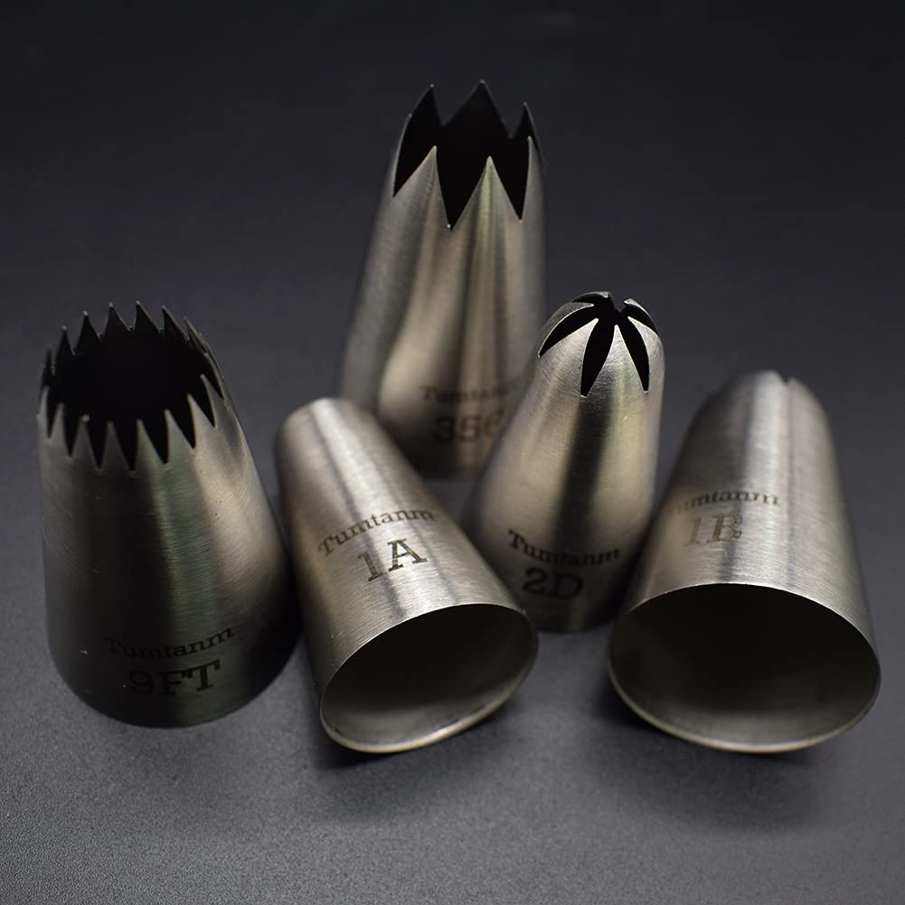 Tumtanm 9Ft 1B 356 1A 2D# Seamless Stainless Steel Piping Icing Tips, 5 Pack Extra Large Piping Nozzles Cupcake Decorating Kit