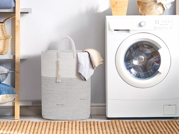 Woven Laundry Basket For Clothes, 80L Large Rectangle Laundry Hampers With Beads Tassel, Nursery Storage Basket For Toys, Tall D