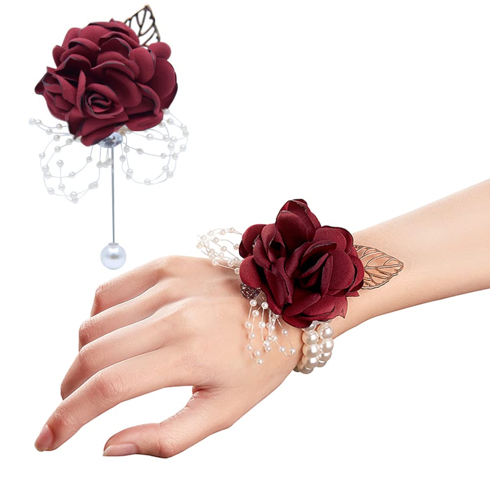 ARTFLWS Rose Wrist Corsage Boutonniere Set,Wrist Flower Corsage Wristlet Band Bracelets and Mens Boutonniere for Wedding Flower