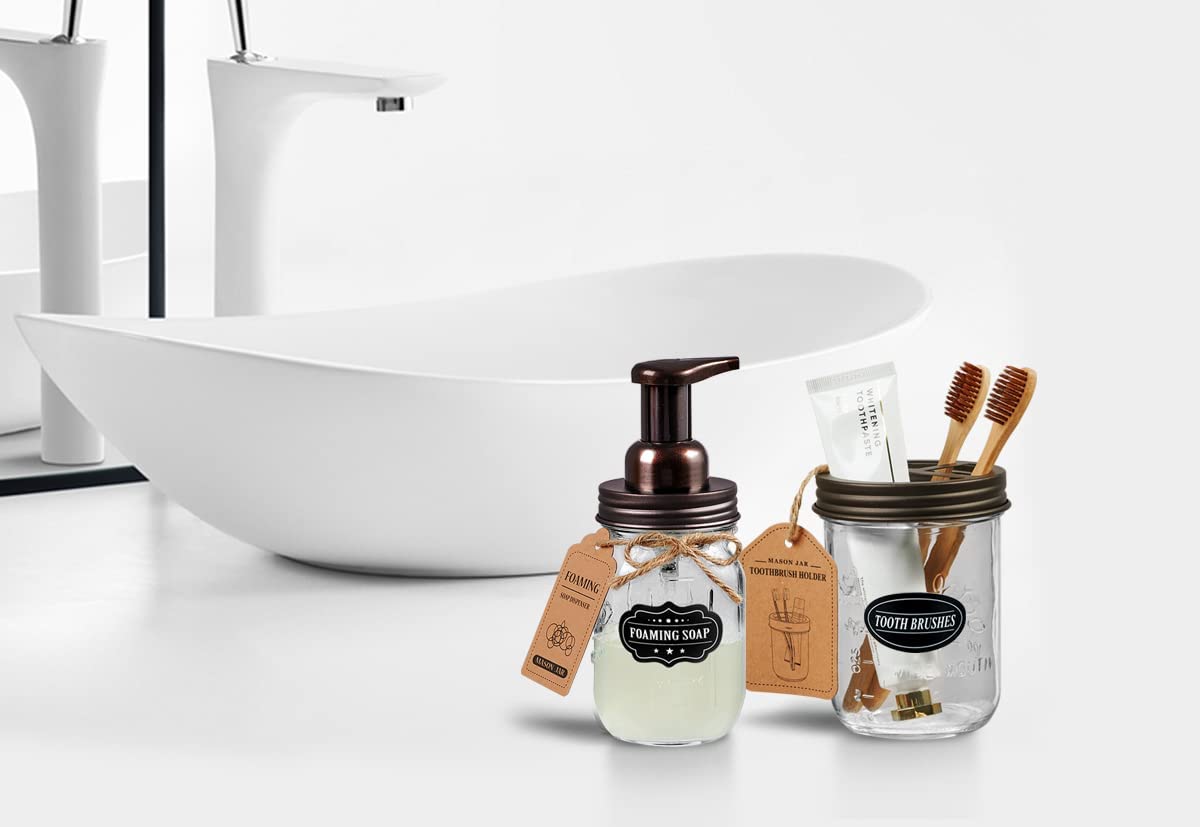 Komashr Mason Jar Toothbrush Holder -Bronze - With 16 Ounce Mason Jar,Premium Rustproof 304 Stainless Steel Lid And Chalkboard L