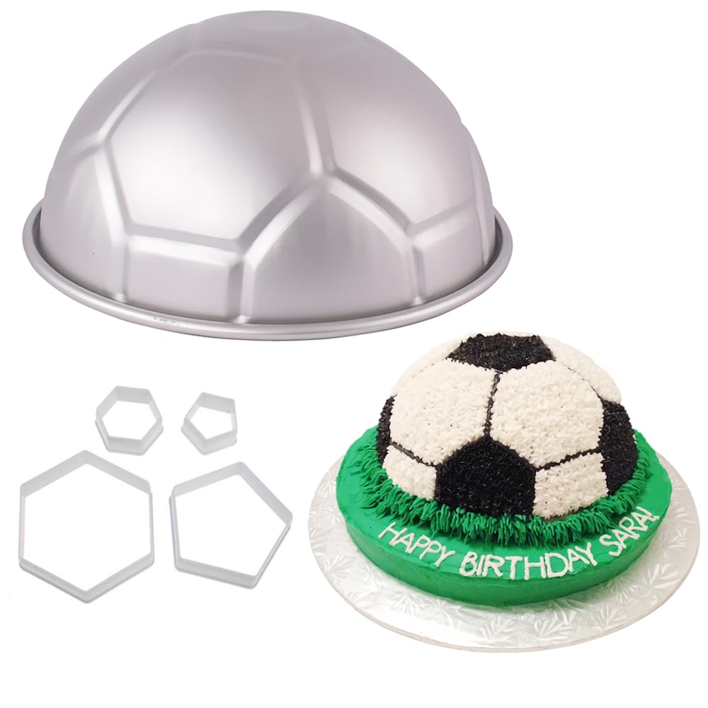 9 Inch 3D Full-Size Soccer Ball Aluminum Baking Pan With 4Pcs Hexagon Pentagon Cookie Cutter, Football Shape Metal Cake Pan Mold