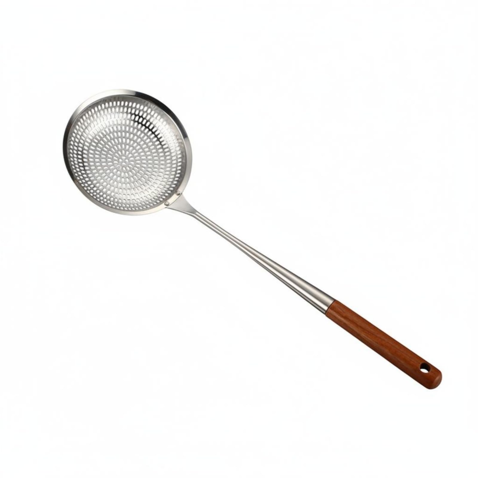Ecomistiq Mirror Polished Wood Handle Skimmer Spoon Hanging Hole Stainless Steel Quick Draining Perforated Strainer RustResista