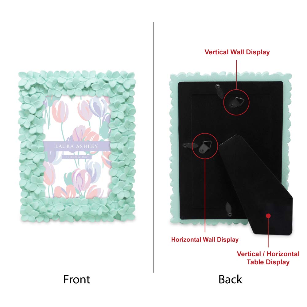 Laura Ashley 4x6 Mint Green Flower Textured Hand-Crafted Resin Picture Frame w/Easel & Hook for Tabletop & Wall Display, Decorat