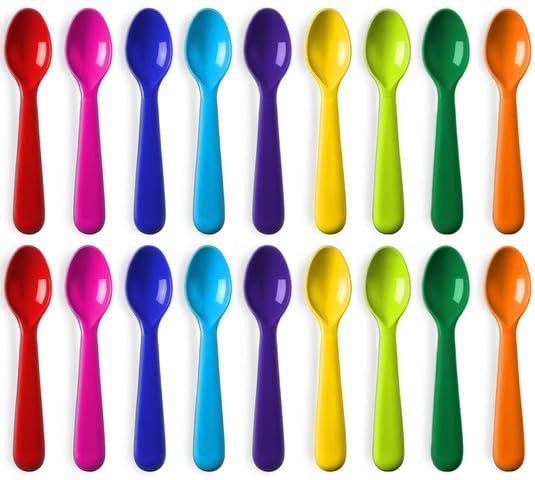 PLASKIDY Plastic Kids Spoon Set of 18 - BPA Free, Dishwasher Safe Reusable Children's Cutlery - Brightly Colored Toddler Flatwar