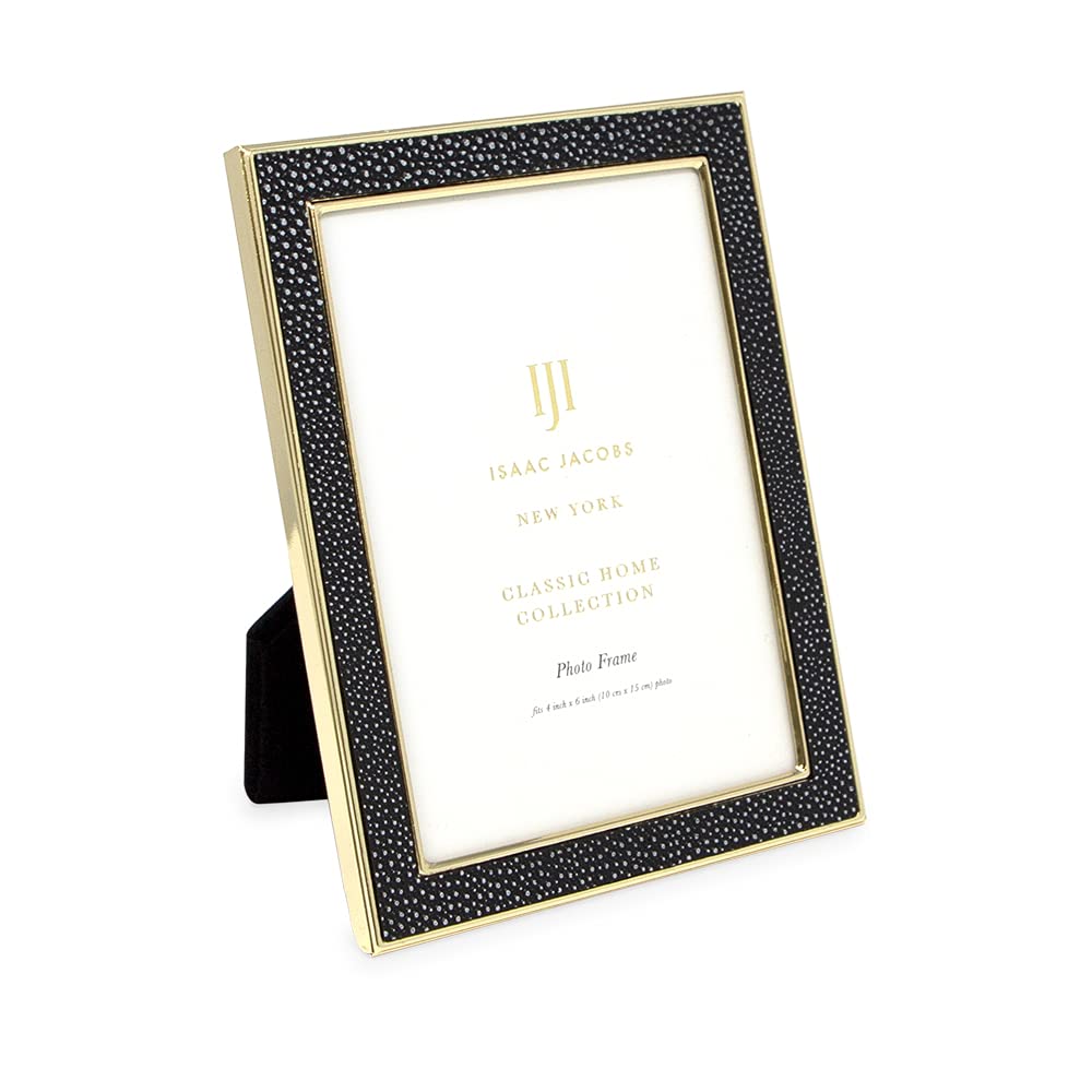 Isaac Jacobs 4x6 Black Leather with Gold Metal (Vertical & Horizontal) Picture Frame, Shagreen Border w/Black Fabric Easel, Wall