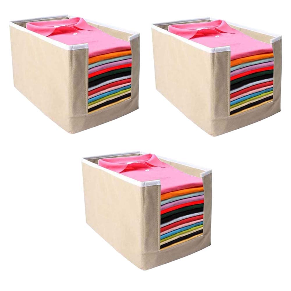 Whitekrafts Non Woven Shirt Stacker/Shirt Organizer Wardrobe Organizer Pack Of (Beige, Pack Of 3)