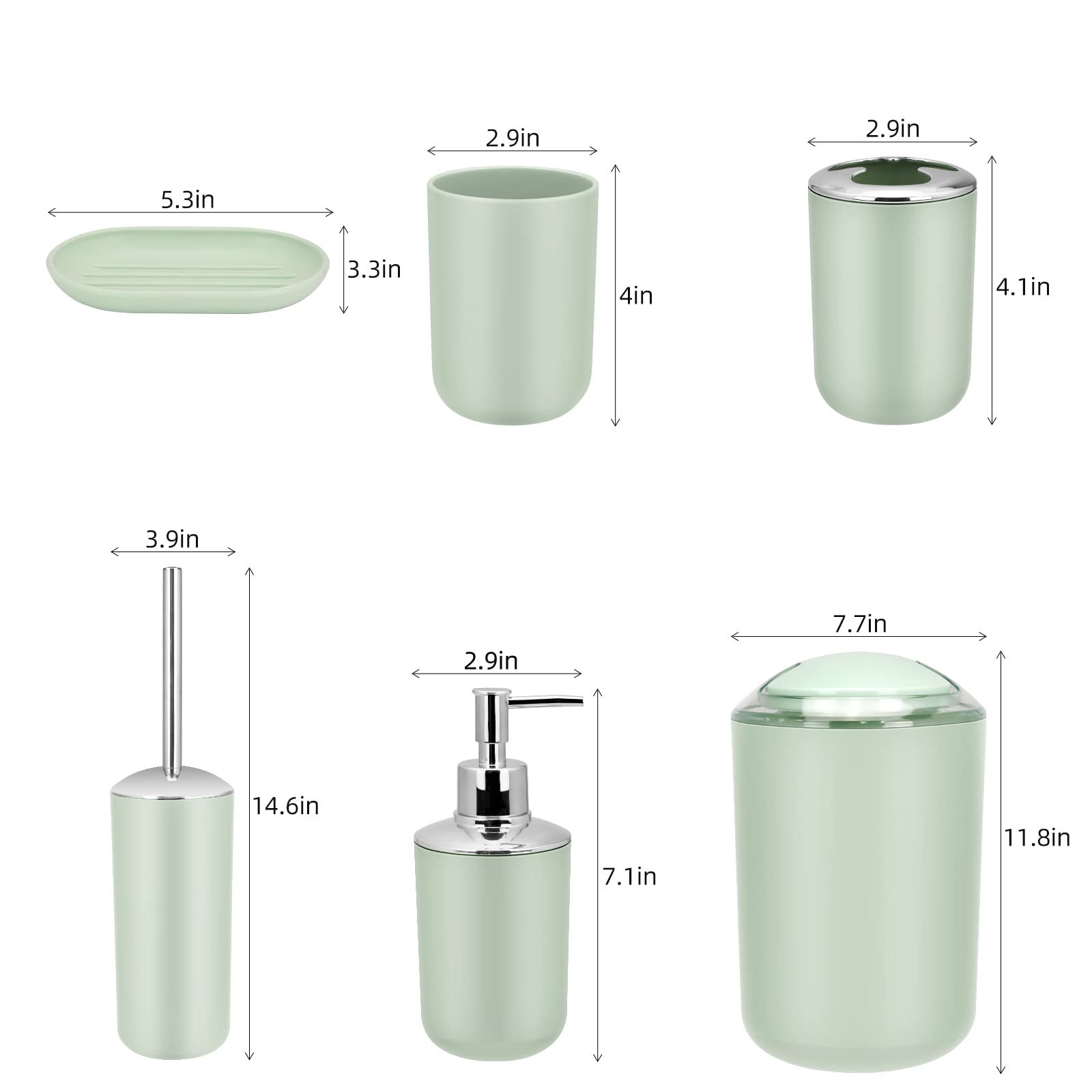 Imavo Bathroom Accessory Set - 6 Piece Green Bathroom Accessories Set With Trash Can, Soap Dispenser, Soap Dish, Toothbrush Hold