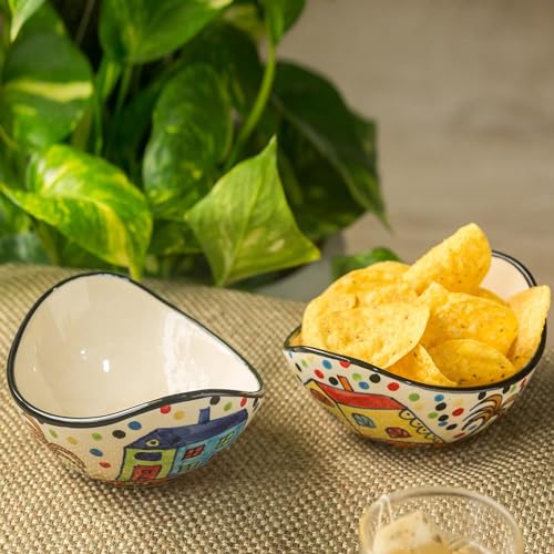 Exclusivelane Hut Handpainted Ceramic Hut Serving Bowl Set For Snacks Dinner (190Ml, Multicolour) 2 Pc