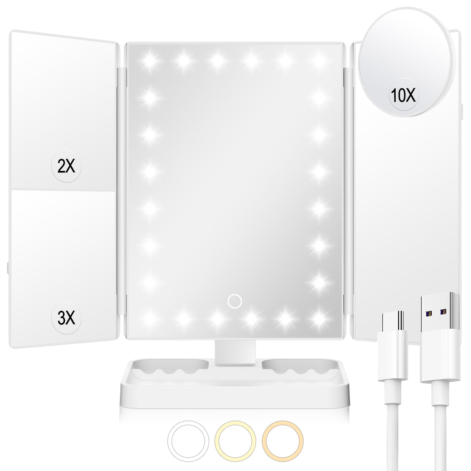 Huonul Rechargeable Makeup Mirror With 3 Color Lights, 2000Mah Lighted Makeup Mirror, Magnetic 10X Magnifying Mirror, 360 Degree
