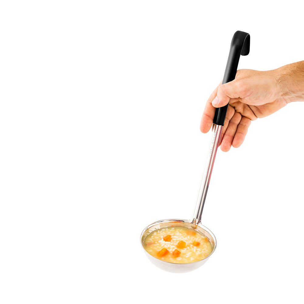 Restaurantware Met Lux 12 Ounce Soup Ladle 1 Hook Handle Serving Spoon - With Black Handle Dishwashable Stainless Steel Cooking