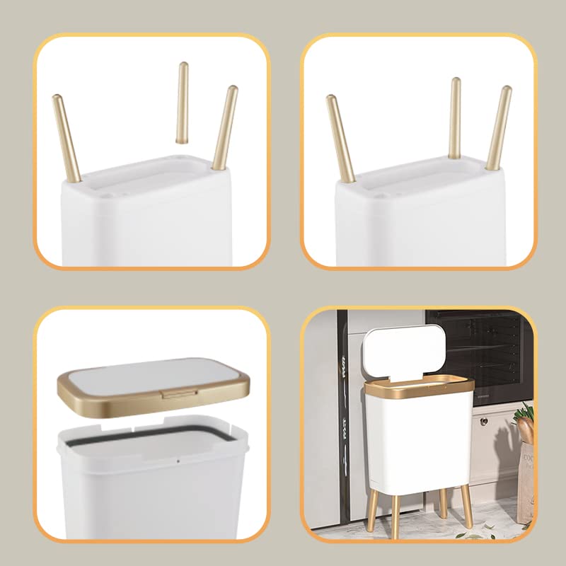 Procade Bathroom Trash Can With Lid, Plastic Garbage Can With Lid, 4 Gal Gold Trash Bin With Push Button, Narrow White Trash Can