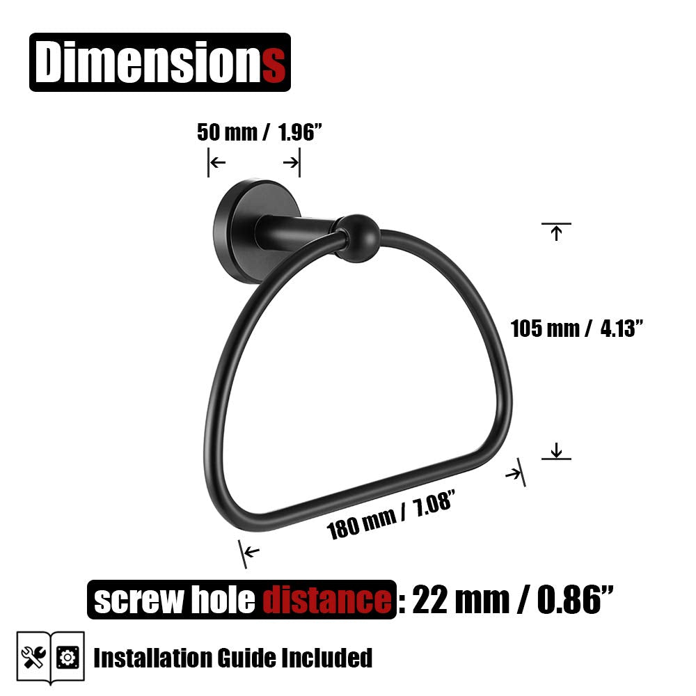 JQK Towel Ring Matte Black  Stainless Steel Half Ring Towel Holder for Bathroom  7 Inch Brushed Finished Wall Mount  TR160-PB