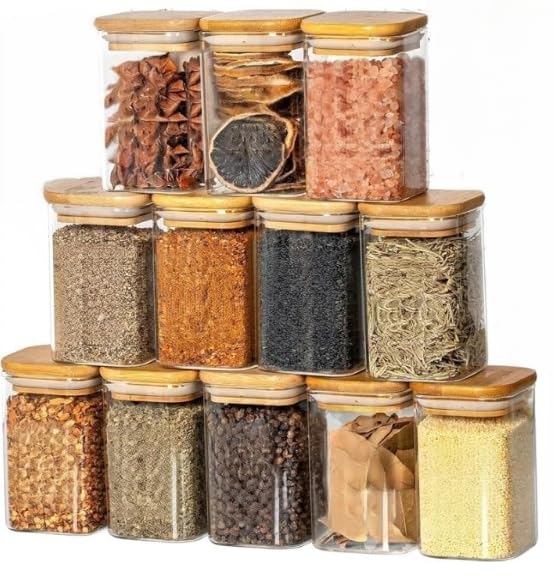 Encheng Glass Jars With Wooden Lid Glass Jar Set Food Storage Containers Borosilicate Glass Jar 270 Ml For Sugar, Salt, Coffee, 