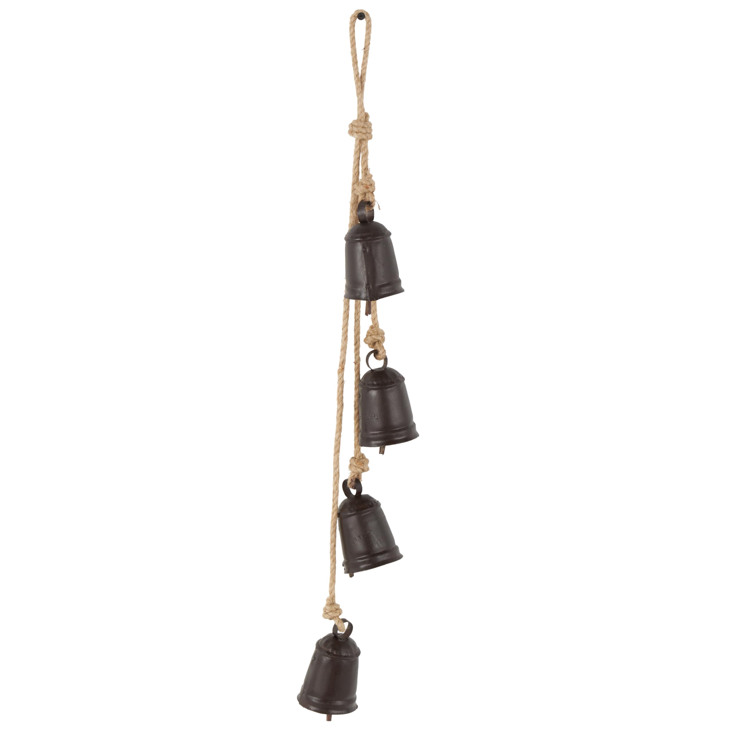 Deco 79 Metal Indoor Outdoor Decorative Bells Cluster Meditation Bell with Jute Hanging Rope, Cow Bell 4 x 3 x 29, Black