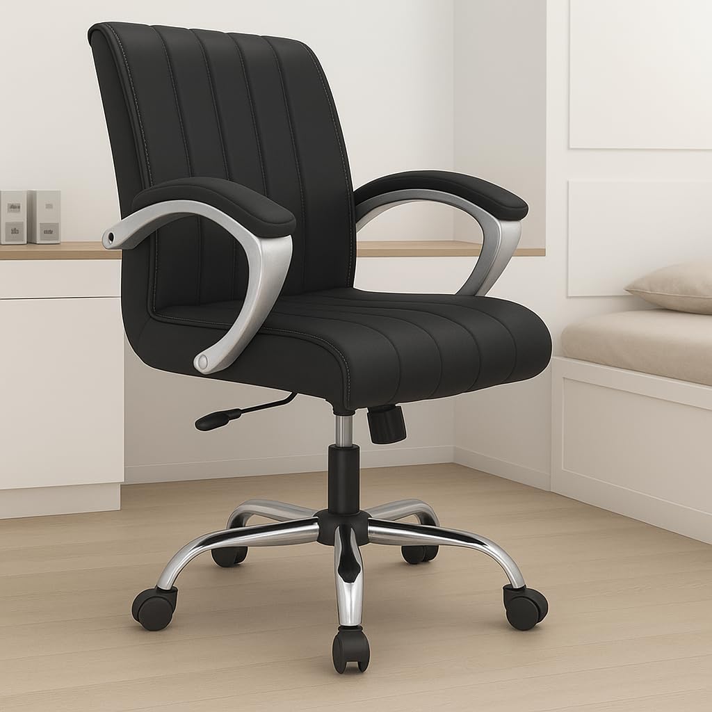 Linux Mid Back Office Home Desk Work Study Revolving Swivel Chair Faux Leather With Pp Fibre Armrest Cushion Tilting Mechanism T