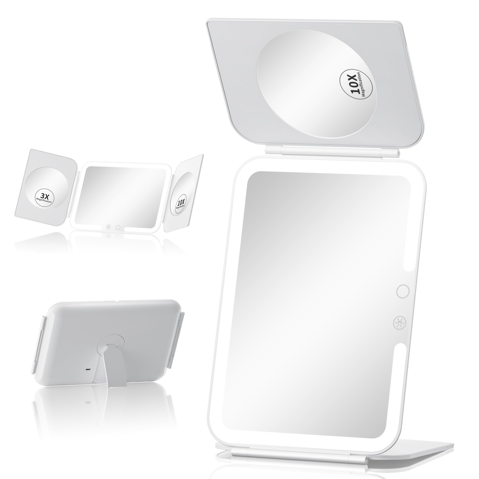 Beautifive Trifold Travel Lighted Makeup Mirror, 5000Mah Rechargeable Light Up Magnifying Mirrors 1X/3X/10X, 3 Color Lighting&St