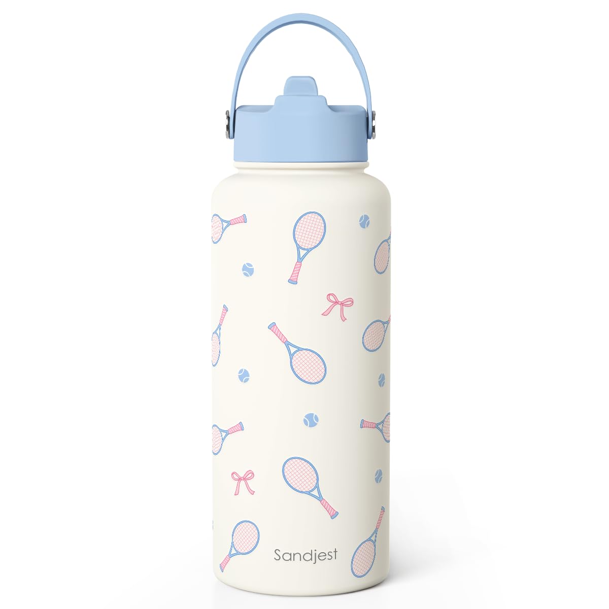 SANDJEST Tennis Water Bottle Stainless Steel 32oz with Lid & Straw, Aesthetic Sport Insulated Bottles Gifts for Girls Friends Te