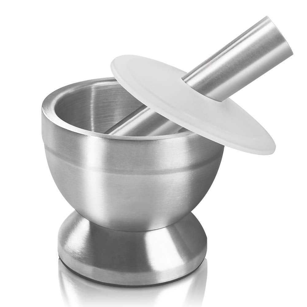 Mortar And Pestle, Sopito 18/8 Stainless Steel Spice Grinder Pill Crusher With Lid For Crushing Grinding Ergonomic Design With A