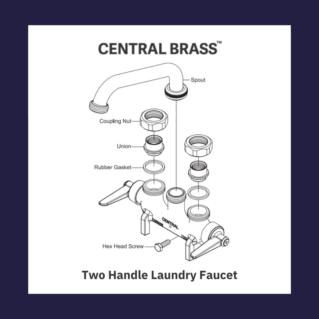 Central Brass Two Handle Laundry Faucet Heavy Duty Rough Brass 6'' Reach Tube Swivel Spout, 0465