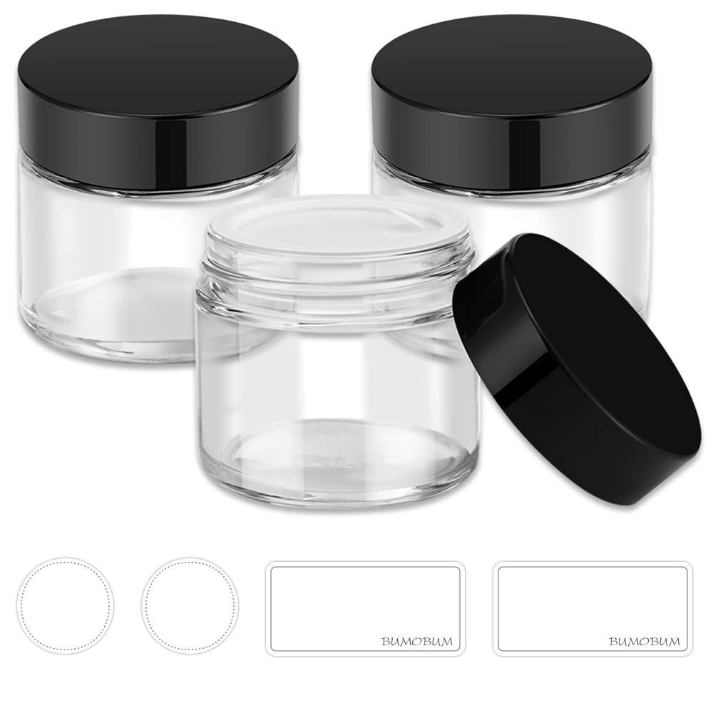Bumobum 2 Oz Glass Jars With Lids, 3 Pack Clear Small Jar With Black Lids, Blank Labels & Inner Liners, 60 Ml Empty Round Cosmet