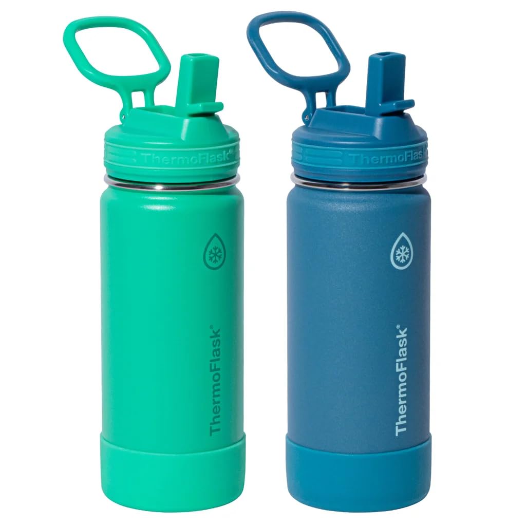 ThermoFlask Leakproof Straw Bottle, 16 fl oz, DoubleWall Vacuum Insulated, 18/8 Stainless Steel, Glow in the Dark Bumper,Green&