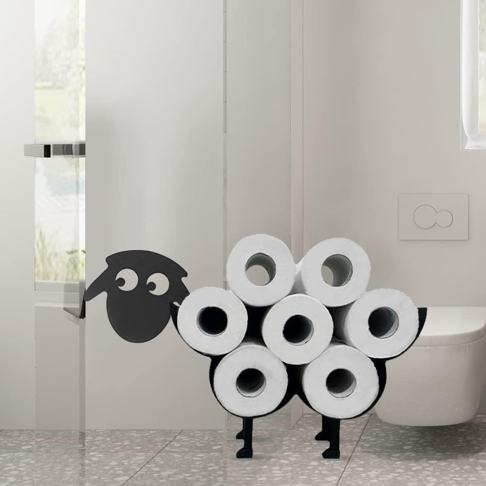 Metal Toilet Tissue Paper Roll Holder Storage, Cute Sheep Novelty Black Bathroom Kitchen Powder Room Decor Wall Art, Fun Accesso