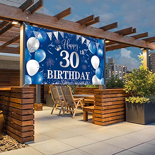 30Th Birthday Banner Backdrop,Btzo Happy 30Th Birthday Decorations,Blue Silver Fabric Photo Backdrop Background For Men And Wome