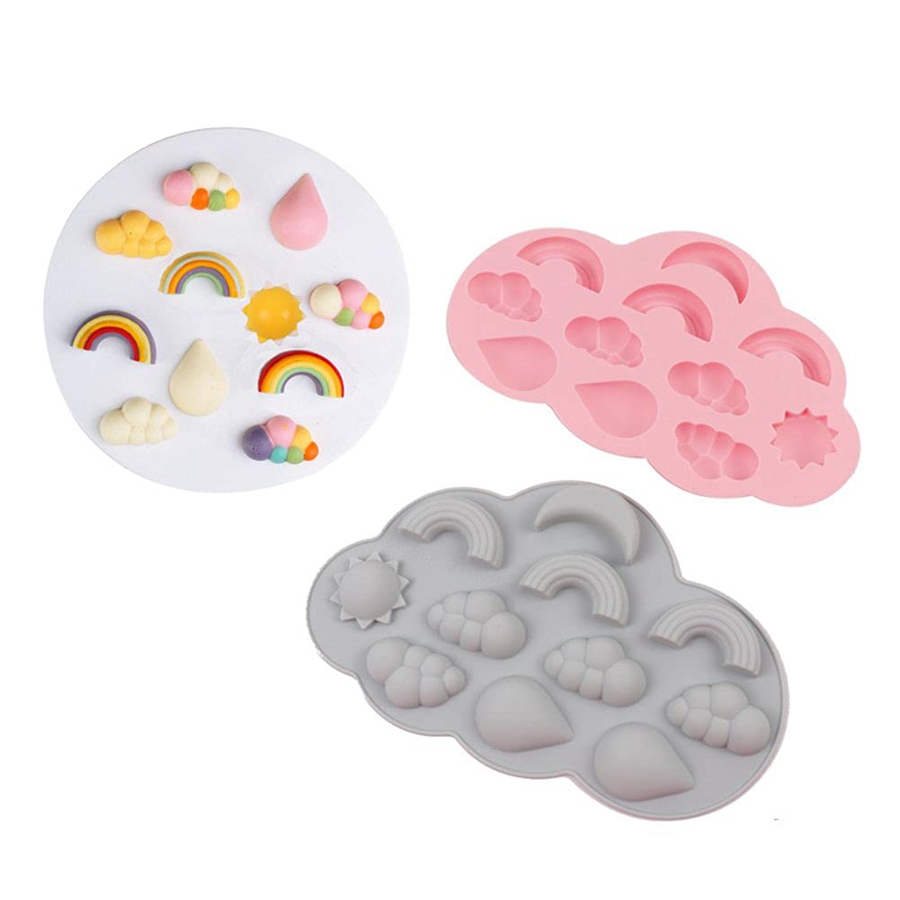 Xmox 2 Pcs 3D Cloud Sun Rainbow Raindrop Weather Theme Silicone Mold Cake Border Fondant Molds Cake Decorating Tools Chocolate,