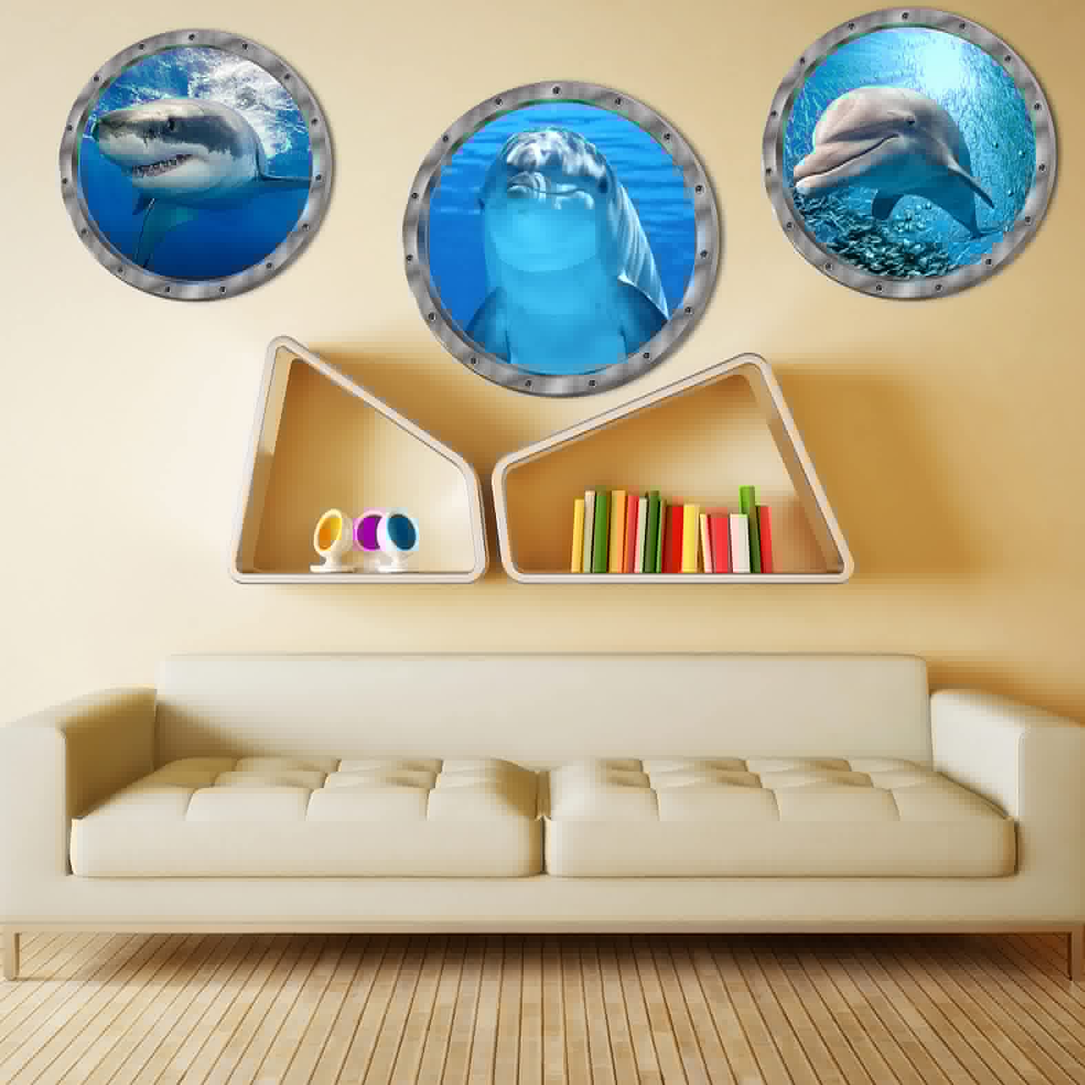 Ocean Animals World Under Sea Decor Includ Dolphins Sharks 3 Pcs Removable 3D Peel and Stick Vinyl Stickers for Bathroom Wall Decor Wall Stickers Bedroom Furniture