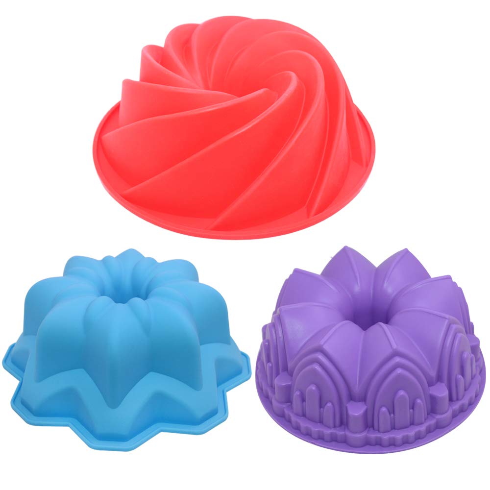 3 Pcs Silicone Cake Bread Baking Molds, Aifuda Large Swirl Cake Mold Castle Cake Mold And Double Flower Cake Mold For Birthday P