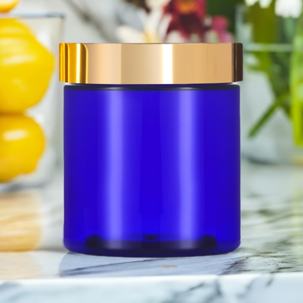 Juvitus 8 Oz Cobalt Blue Plastic Jar With Gold Metal Overshell Lid (12 Pack)