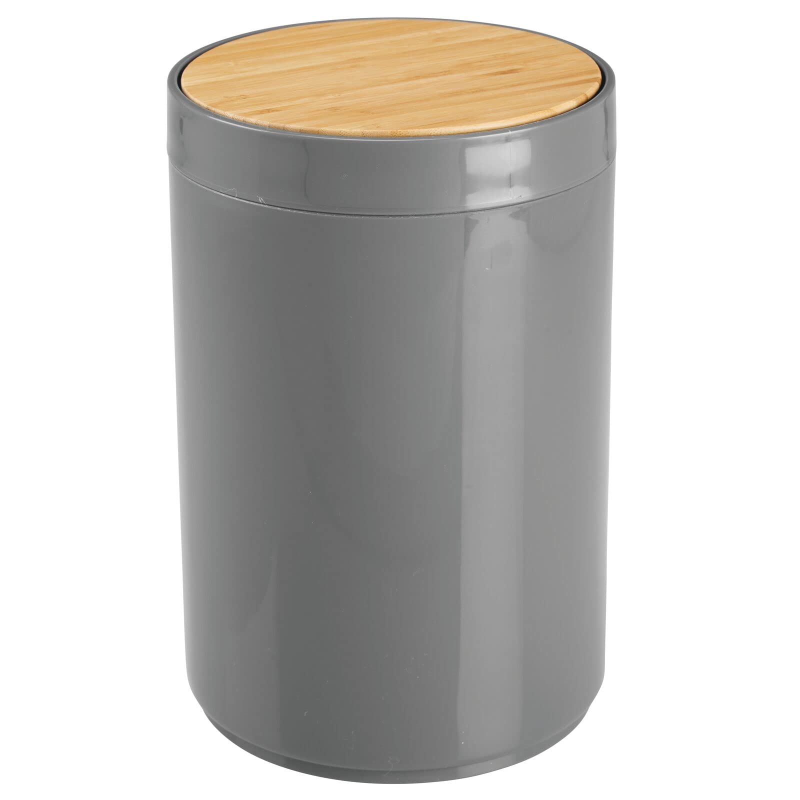 mDesign Plastic Round Trash Can Small Wastebasket - Garbage Bin Container with Swing-Close Lid - Bathroom Garbage Basket - Holds Waste  Recycling - 1.3 Gallon - Basa Collection - Charcoal Gray/Natural