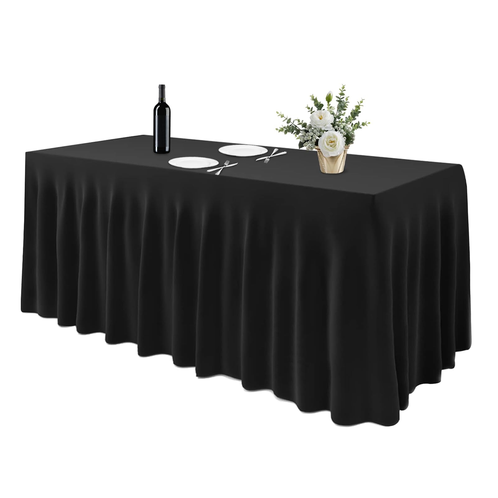 Emart Rectangle Table Skirt For 6Ft, Black Spandex Tablecloth Wrinkle Resistant Cover For Banquet Wedding Birthday Party