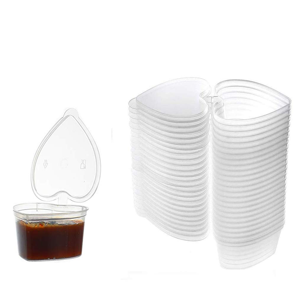 Mollensiuer 50 Pcs Plastic Sauce Cups Heart-Shaped Souffle Cups Heart Shaped Storage Containers Plastic Box With Lids Sauce Cups