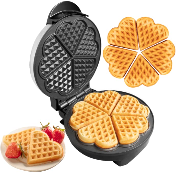 Heart Waffle Maker - Makes 5 Heart-Shaped Waffles For Christmas Holiday Breakfast - Nonstick Baker For Easy Cleanup, Electric Wa