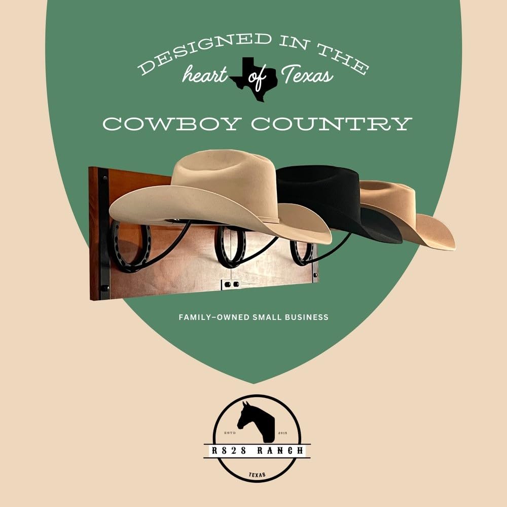 R828 Ranch Wood Cowboy Hat Rack with Metal Accents - 34.6” x 10.1” x 13.5” - Brown - Wall Mount with Customizable Horseshoe Design