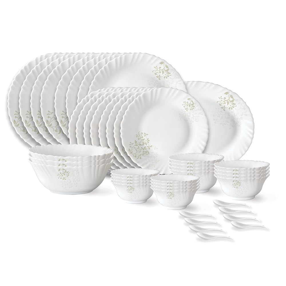 Larah By Borosil Ingot Fluted Series Opalware Dinner Set | 44 Pieces For Family Of 8 | Microwave & Dishwasher Safe | BoneAsh Fr