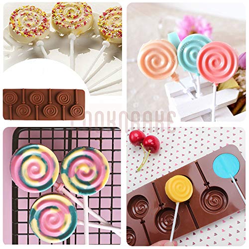 Cooknbake Round Silicone Mold For Lollipop Hard Candy Chocolate Cake Decorating With 24Pcs Reusable Sticks Swirl Shape Set Of 4