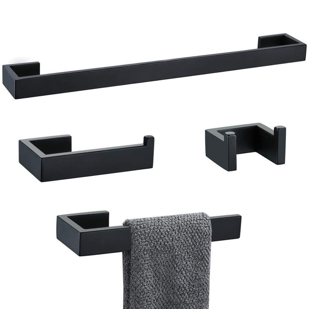 Tnoms 4 Pieces Bathroom Hardware Accessories Set Black Towel Bar Towel Holder Robe Hook Toilet Paper Holder Stainless Steel,Q8-P